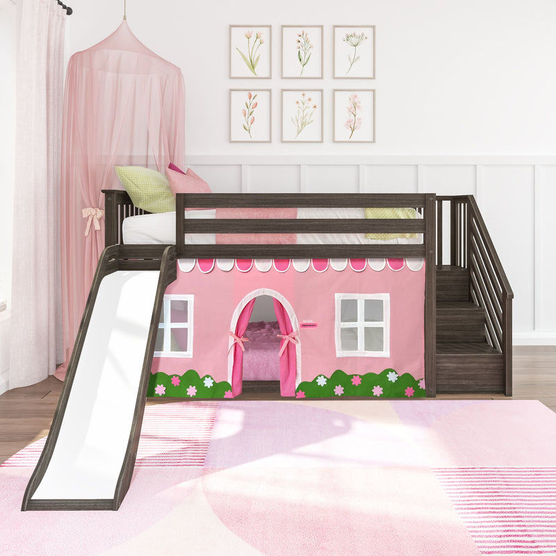 Twin Over Twin Low Bunk Bed with Stairs, Slide, & Pink & White Farmhouse Curtain