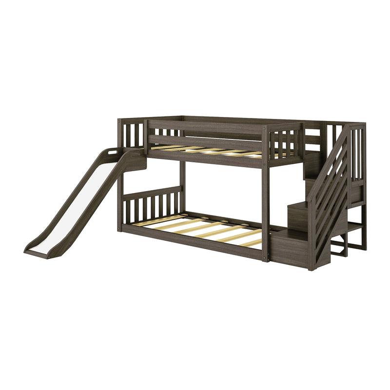 Dark brown wood loft bunk bed for kids with slide and built-in staircase storage, slatted two-level bed frame