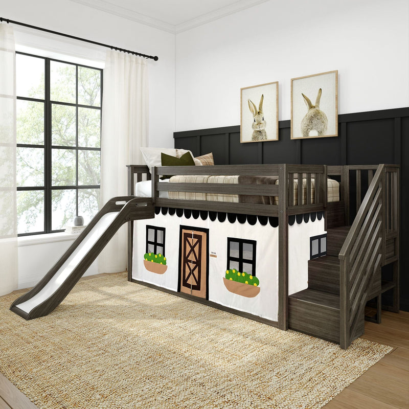 Twin Over Twin Low Bunk Bed with Stairs, Slide, & Black & White Farmhouse Curtain