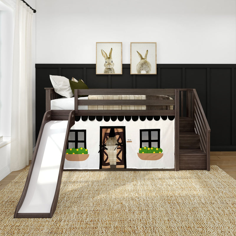 Modern kids loft bed with slide and dark wood frame, playhouse curtain front, neutral nursery decor and framed bunny wall art