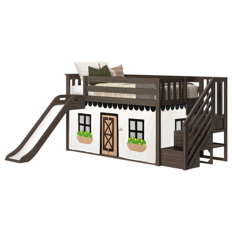 Twin Over Twin Low Bunk Bed with Stairs, Slide, & Black & White Farmhouse Curtain