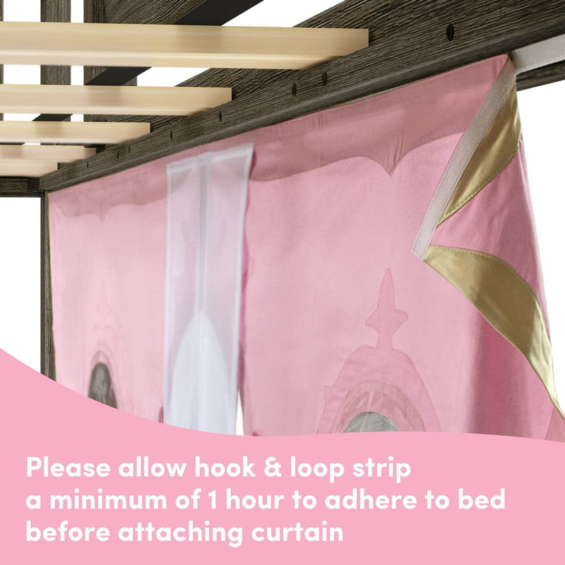 Pink princess kids canopy bed curtain with gold trim and sheer panel hanging from a wooden slatted canopy frame, showing hook-and-loop (Velcro) attachment instruction