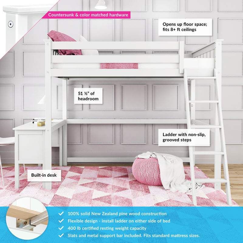 White loft bed with built-in desk and ladder, pink accents and geometric rug — space-saving kids bedroom furniture in solid pine