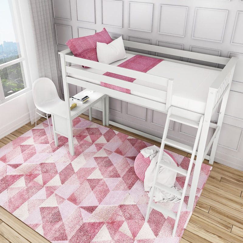 White loft bed with ladder and built-in desk, pink pillows and geometric pink rug in a modern space-saving girls' bedroom by a sunlit window