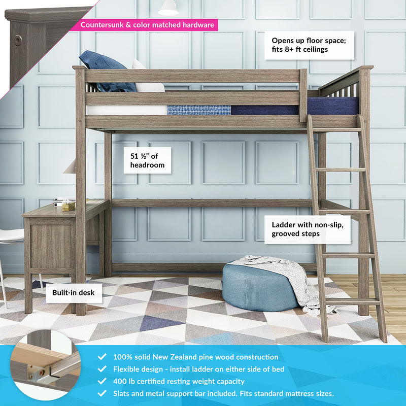 Space-saving weathered-gray loft bed with built-in desk and ladder, non-slip grooved steps, countersunk hardware, and solid New Zealand pine construction