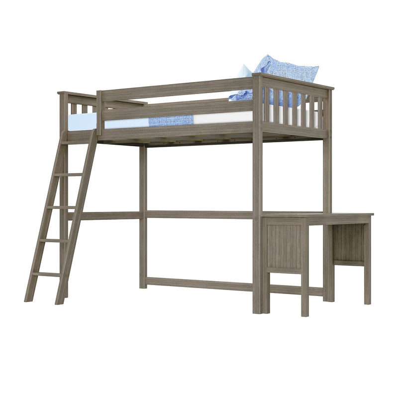 Gray wood twin loft bed with ladder and built-in desk, space-saving kids' bed with blue pillows and modern rustic finish