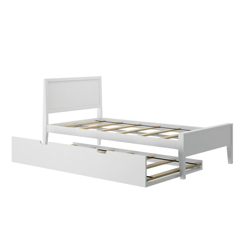 White wooden twin bed frame with slatted base and pull-out trundle storage drawer, modern single storage bed