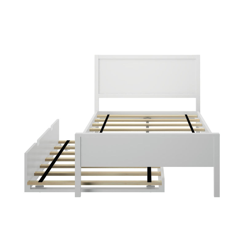 White wooden platform bed frame with tall headboard and exposed wooden slats, slatted mattress support with black center straps, minimalist bedroom furniture