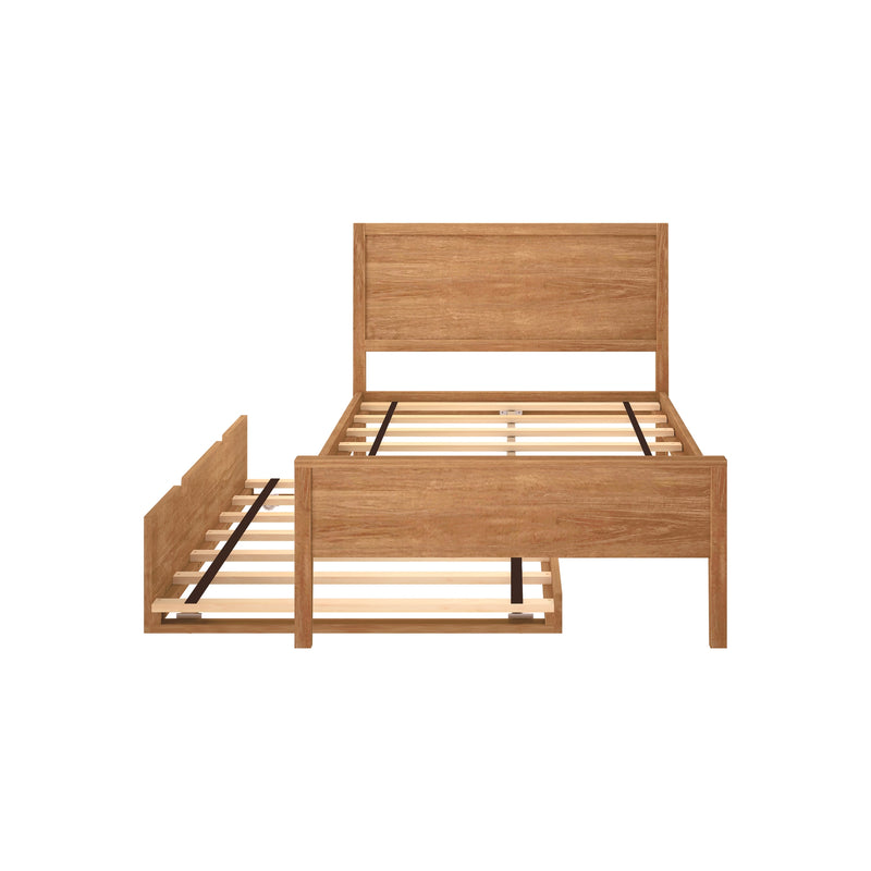 Oak-finish solid wood platform bed frame with slatted base and rectangular headboard, minimalist bedroom furniture