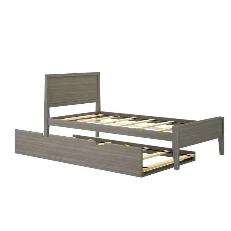 Gray wood twin platform bed frame with slatted base and pull-out trundle storage drawer