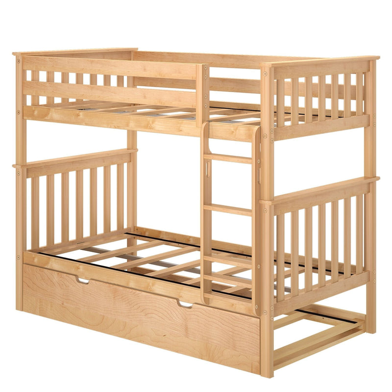 Natural maple twin-over-full loft bunk bed with ladder, slatted guardrails, slat support system and under-bed storage drawer