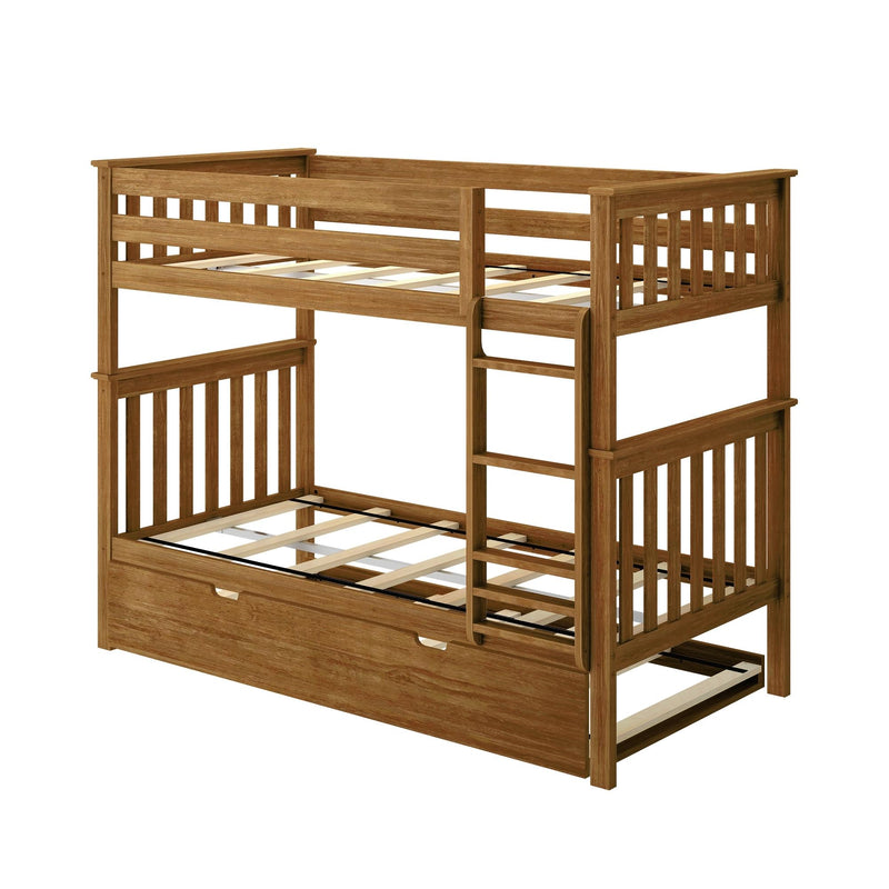 Twin-over-twin solid wood bunk bed in natural oak finish with ladder, slatted guardrails and pull-out trundle drawer