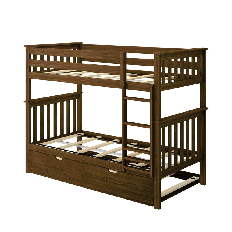 Solid wood dark walnut twin-over-full bunk bed with ladder, slatted guardrails and under-bed trundle with storage drawer, modern rustic bedroom furniture