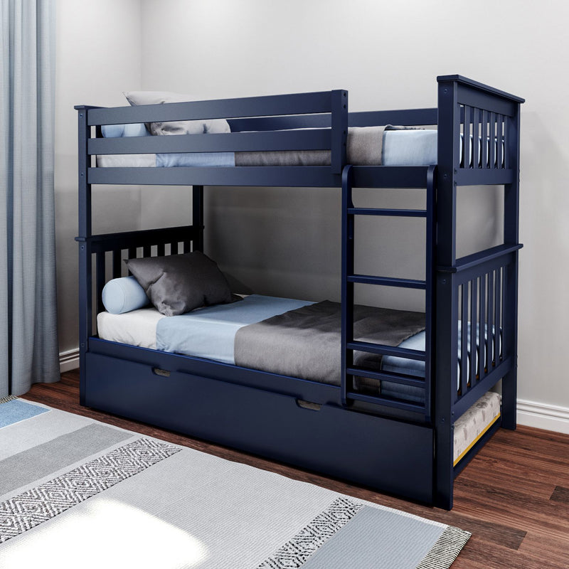 Navy blue wooden bunk bed with ladder and pull-out trundle, light blue and gray bedding in a modern kids' bedroom