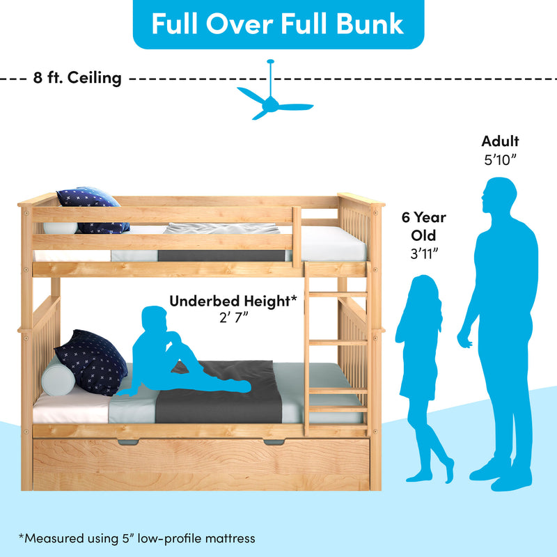 Full-over-full kids bunk bed in natural wood with ladder, trundle and underbed storage (2'7" clearance), low-profile mattress and 8 ft ceiling clearance, shown with adult and child silhouettes for scale