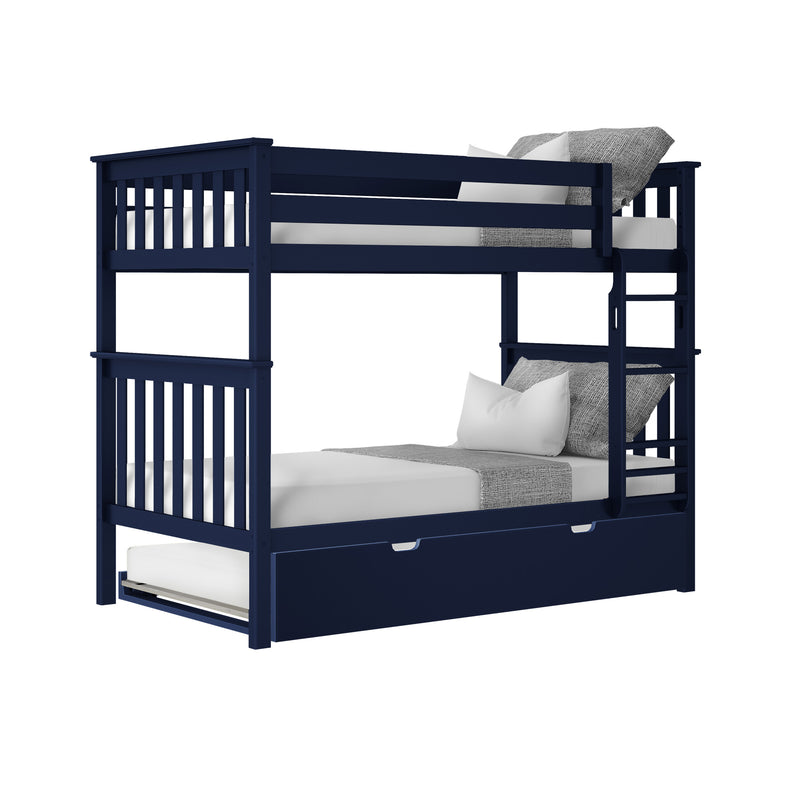 Navy blue wooden twin-over-twin bunk bed with trundle drawer, ladder and slatted guardrails, white mattresses and gray pillows