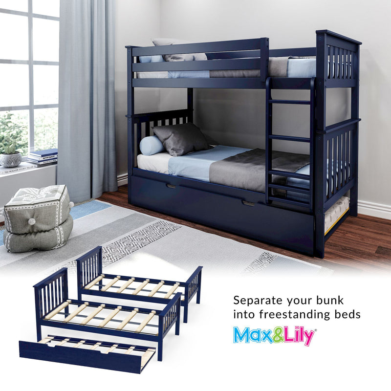 Navy blue wooden bunk bed with ladder, under-bed trundle and convertible freestanding bed option in a modern kids' bedroom