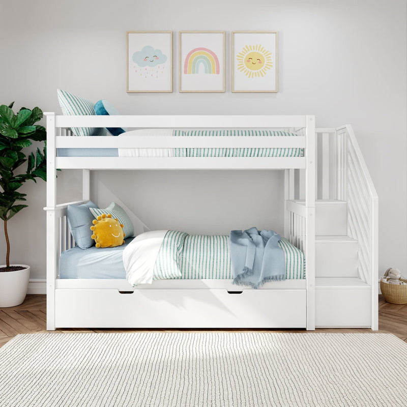 White wooden bunk bed with stairs in bright kids bedroom, mint-striped bedding, plush sun pillow, potted plant and pastel rainbow, cloud and sun wall art
