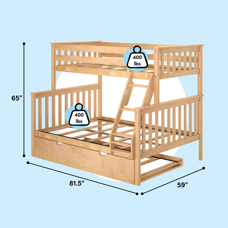 Natural solid wood twin-over-full bunk bed with ladder and under-bed trundle drawer, dimensions 81.5" L × 59" W × 65" H, 400 lb weight limit per bunk