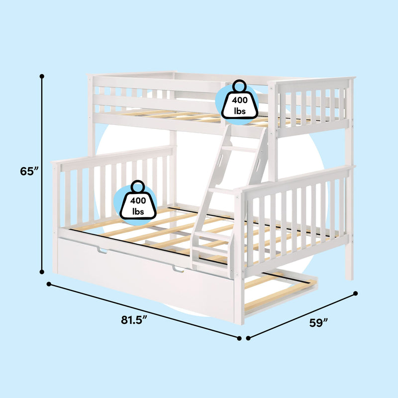 White wooden twin-over-full loft bunk bed with ladder and pull-out trundle, slatted mattress support, 400 lb capacity, 81.5 x 59 x 65 in