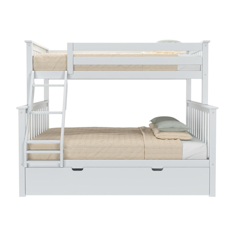 White wooden bunk bed with ladder, under-bed storage drawer, beige bedding and green gingham pillows on white background