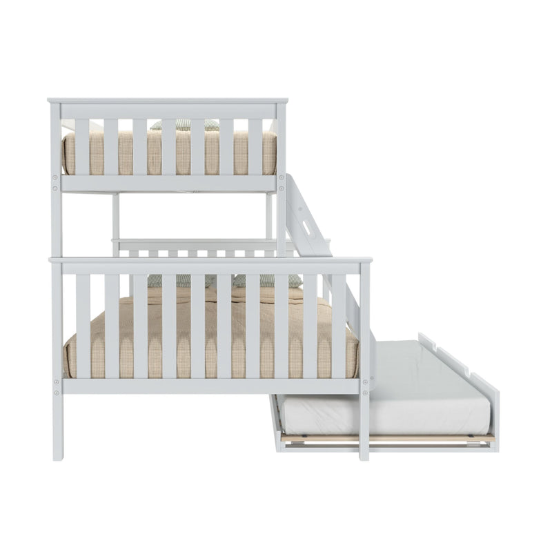 White wooden twin-over-twin bunk bed with ladder and pull-out trundle, beige textured bedding and safety guardrails — space-saving kids loft bed