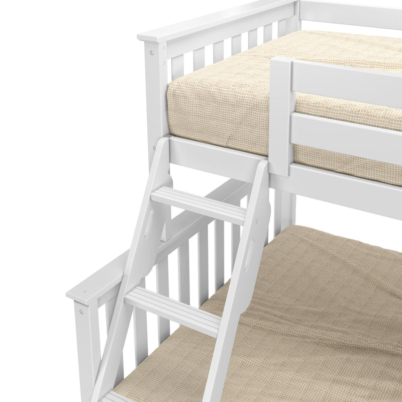 Close-up of white wooden bunk bed ladder and safety rail with beige textured mattress cover, kids' bedroom bunk bed detail
