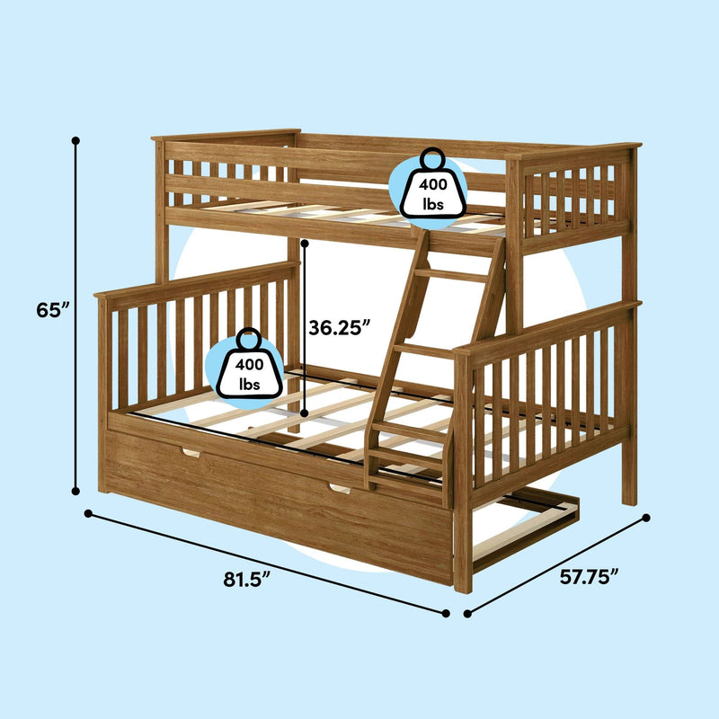 Solid wood twin-over-full bunk bed with angled ladder and pull-out trundle, natural oak finish; product dimensions 81.5" L × 57.75" W × 65" H, 36.25" loft height, 400 lb weight capacity per bed