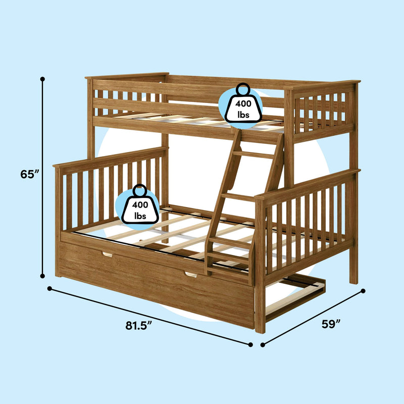 Twin-over-full wooden bunk bed with ladder and pull-out trundle in natural oak finish, slatted frame, 400 lb weight capacity per bed, 81.5 in L x 59 in W x 65 in H