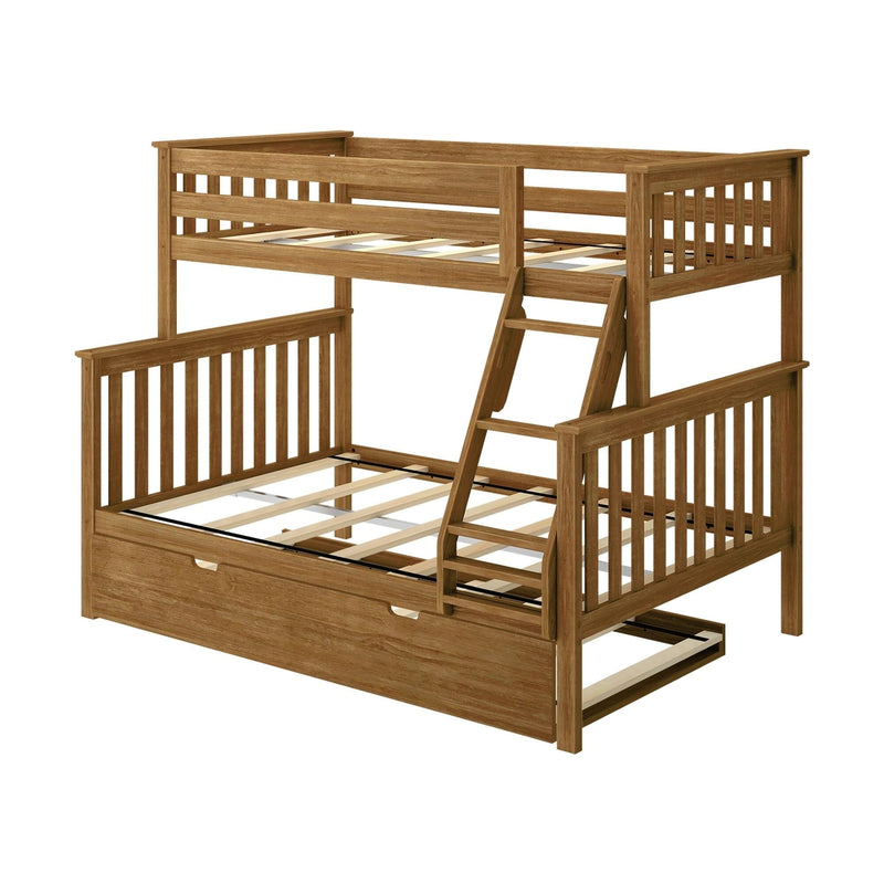 Oak twin-over-full wooden bunk bed with angled ladder, slatted guardrails and under-bed storage drawer in natural finish