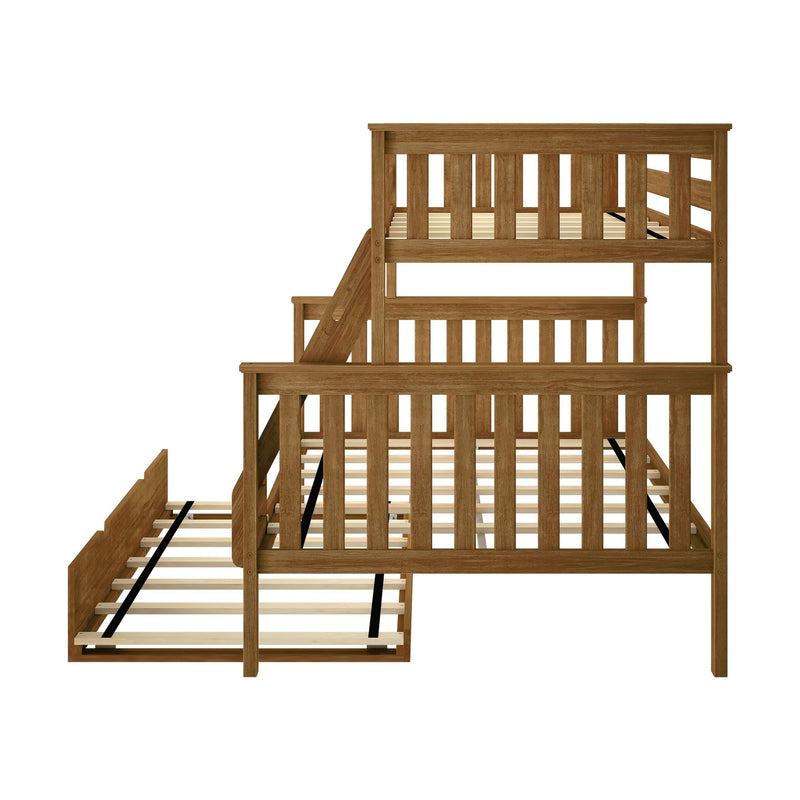 Solid wood bunk bed frame with built-in ladder and slatted mattress supports in natural finish, ideal space-saving children's bedroom furniture