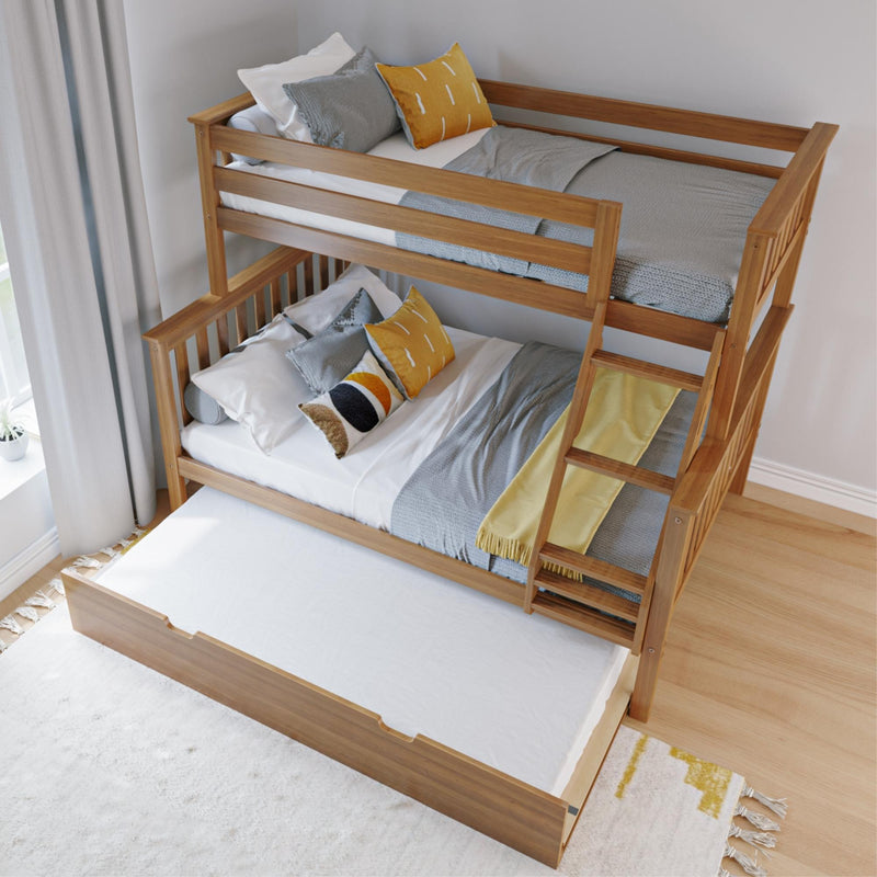 Modern wooden twin-over-full bunk bed with gray knit bedding, yellow accent pillows and ladder in a bright children's bedroom