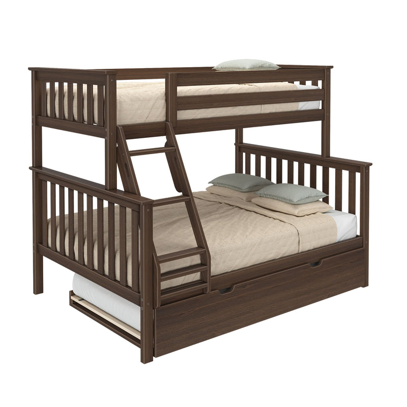 Dark walnut wooden bunk bed (twin-over-full) with slatted guardrails, angled ladder, beige bedding and green gingham pillows, built-in trundle storage drawer, space-saving kids bedroom furniture