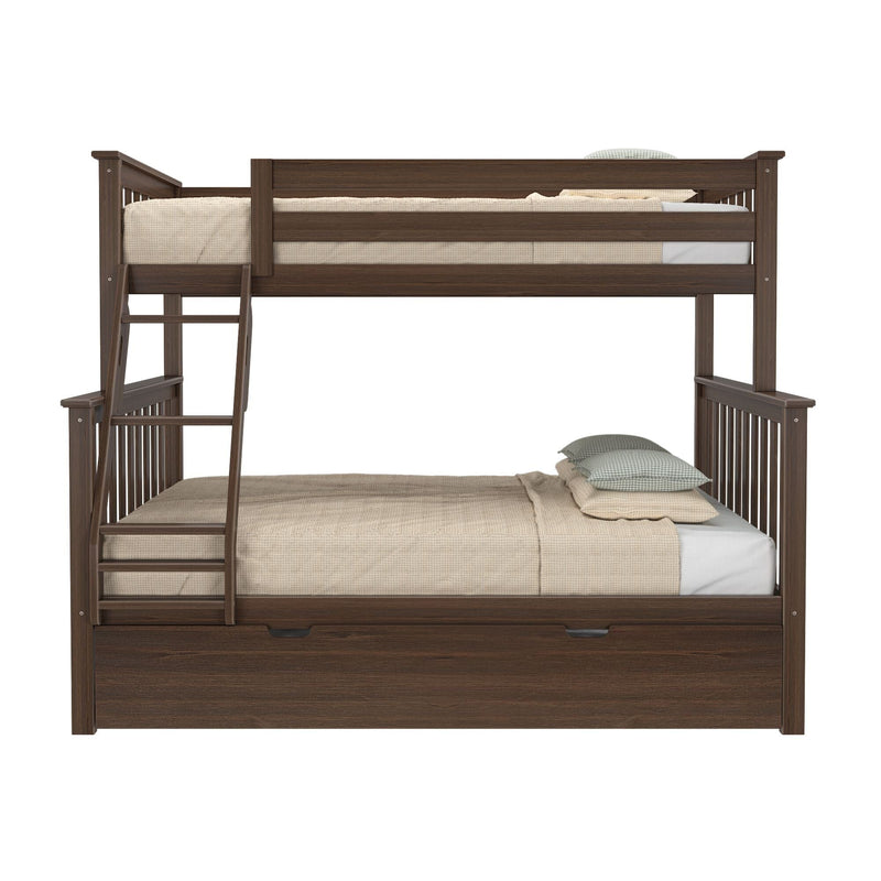 Dark walnut twin-over-full wooden bunk bed with ladder, slatted guardrails, under-bed storage drawer, beige textured bedding and green plaid pillows
