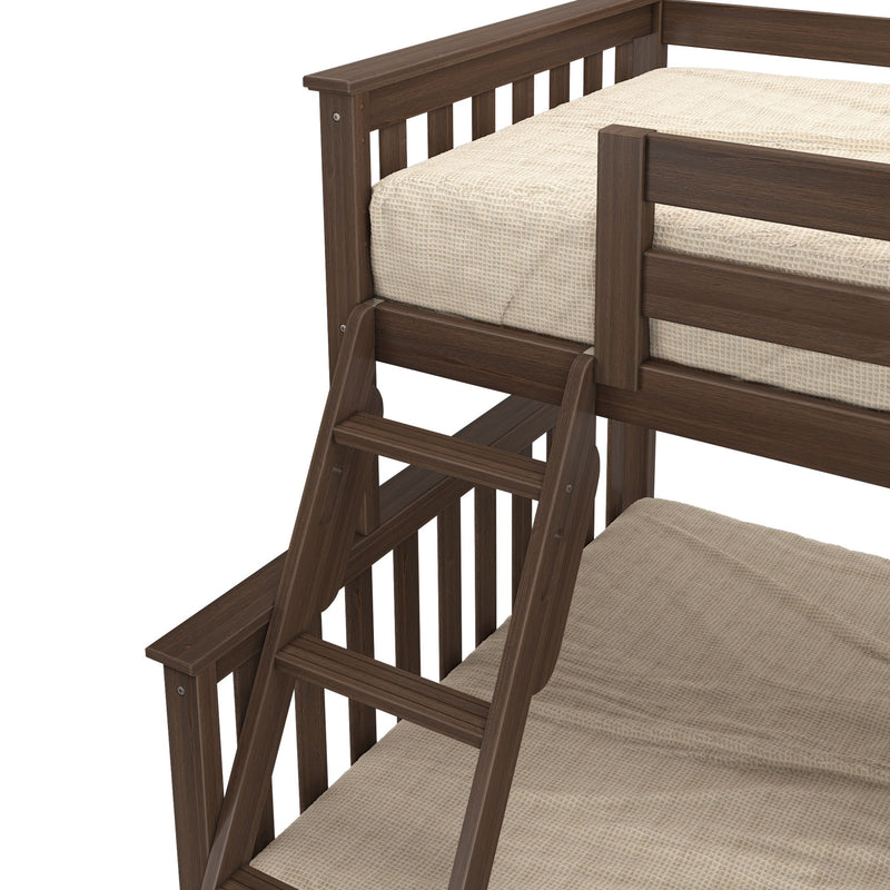 Close-up of dark walnut wooden bunk bed ladder and slatted guardrail with beige textured mattress cover