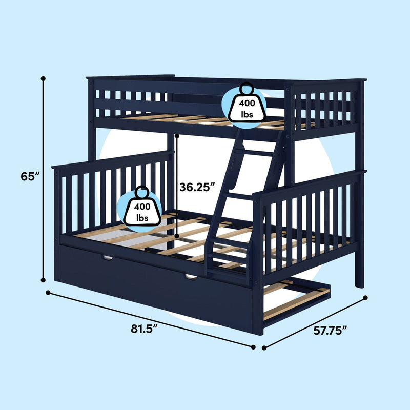 Navy blue wooden twin-over-full bunk bed with ladder and under-bed trundle drawer, slatted platform design, 81.5" L x 57.75" W x 65" H, 400 lb weight capacity per bunk