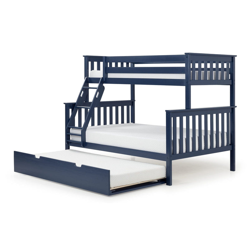Navy blue wooden bunk bed with ladder, safety rails and pull-out trundle mattress on white background
