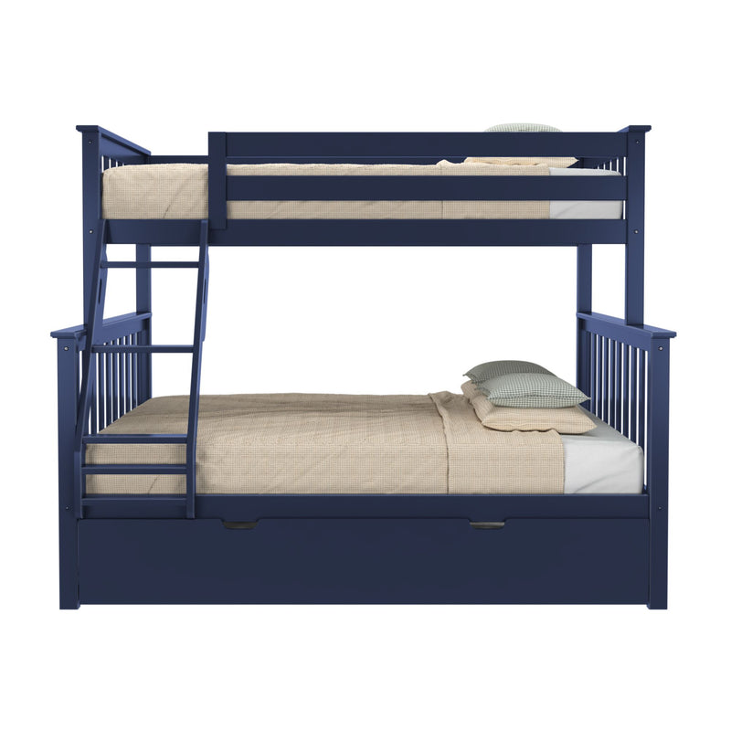 Navy blue wooden twin-over-full bunk bed with ladder and under-bed storage drawer, white mattresses on white background