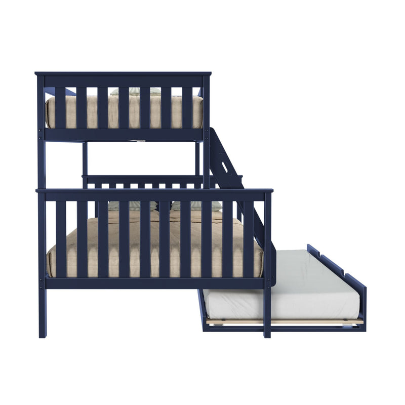 Navy blue solid wood twin-over-twin bunk bed with stairs and pull-out trundle, beige bedding on white background — space-saving kids bedroom furniture