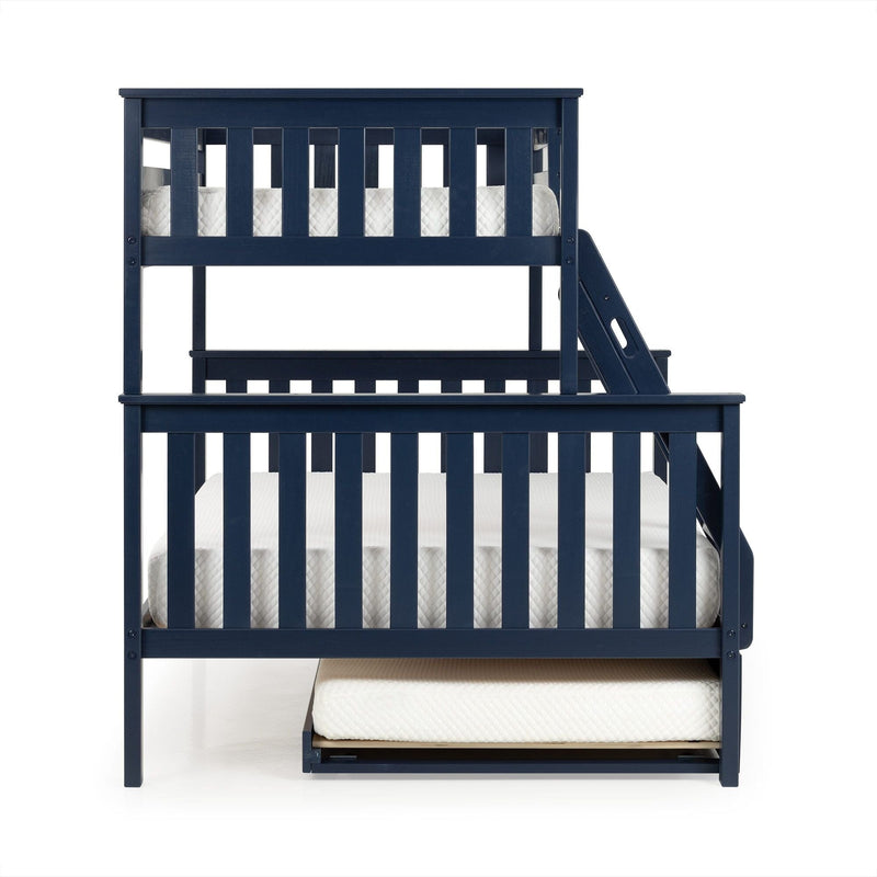 Navy blue wooden twin-over-twin bunk bed with ladder and pull-out trundle mattress, slatted safety rails—space-saving kids' bedroom furniture