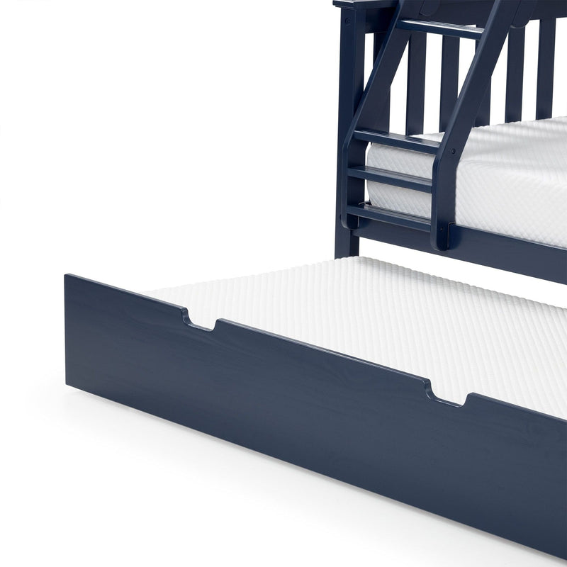 Navy blue wooden bunk bed ladder and guardrail close-up with white quilted twin mattress and under-bed trundle