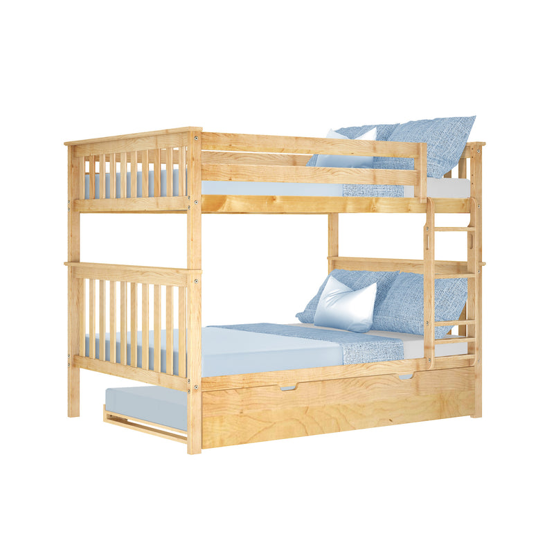 Solid pine twin-over-twin bunk bed with ladder, trundle drawer and light blue bedding for kids' bedroom