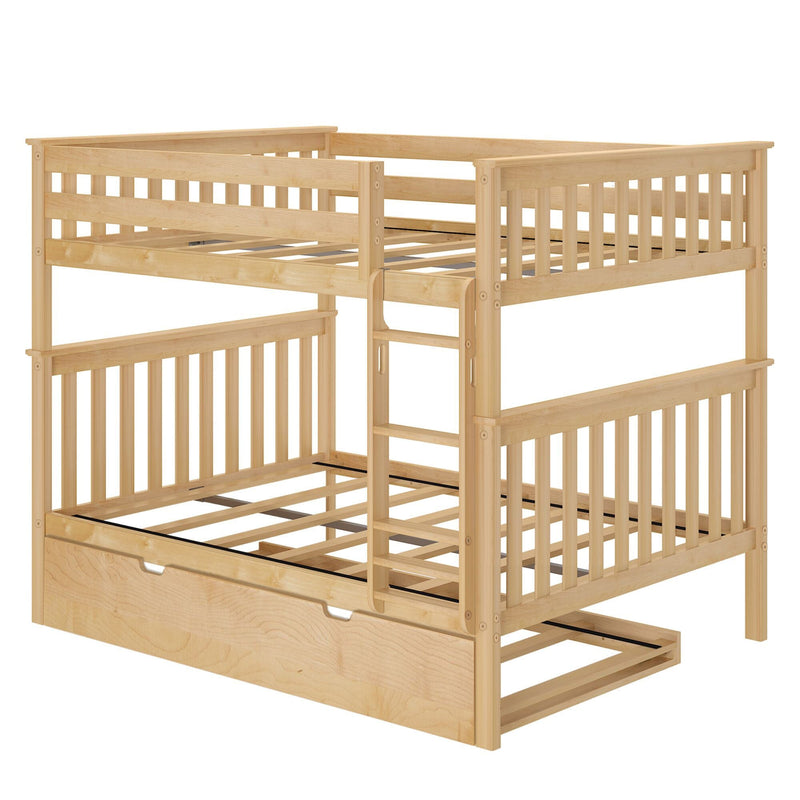 Natural maple-finish solid wood loft bed with slatted safety rails, built-in ladder and under-bed pull-out storage drawer