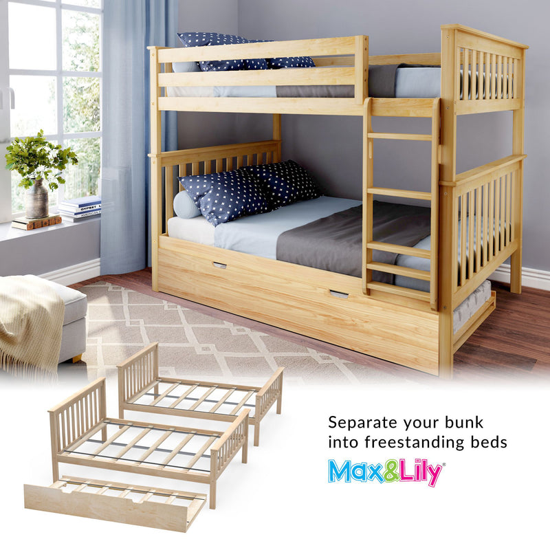 Natural wood bunk bed with ladder and pull-out trundle in bright kids' bedroom, navy star bedding, convertible freestanding design