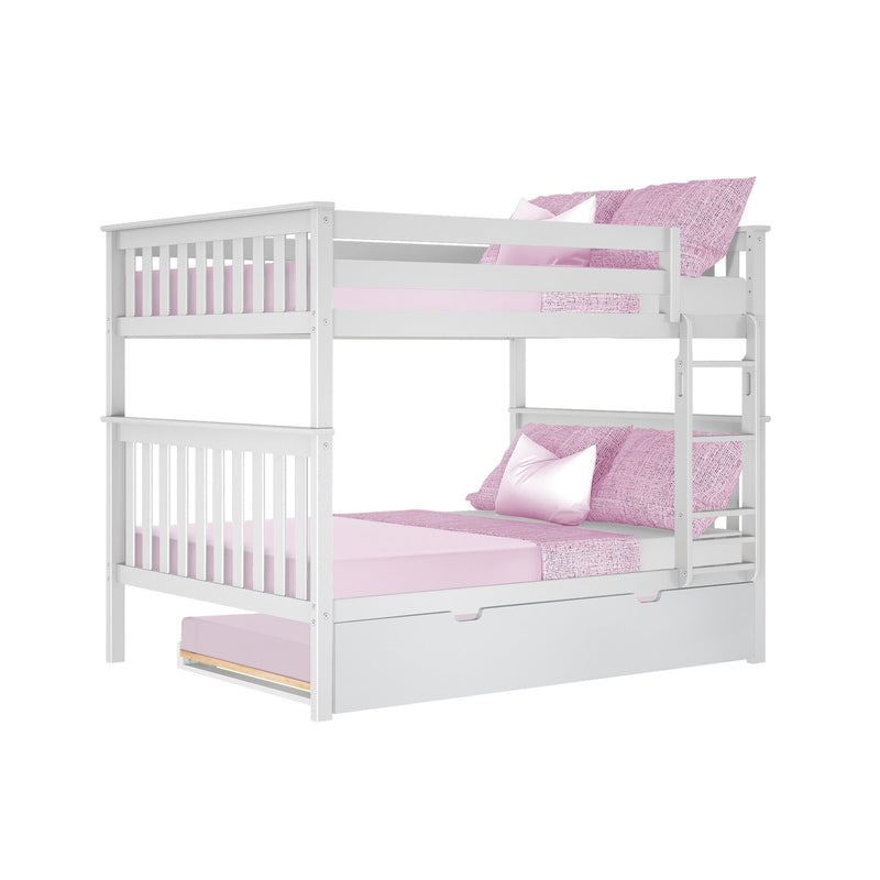 White wooden bunk bed with pink bedding, ladder, safety rails and under-bed trundle drawer, kids' bedroom furniture