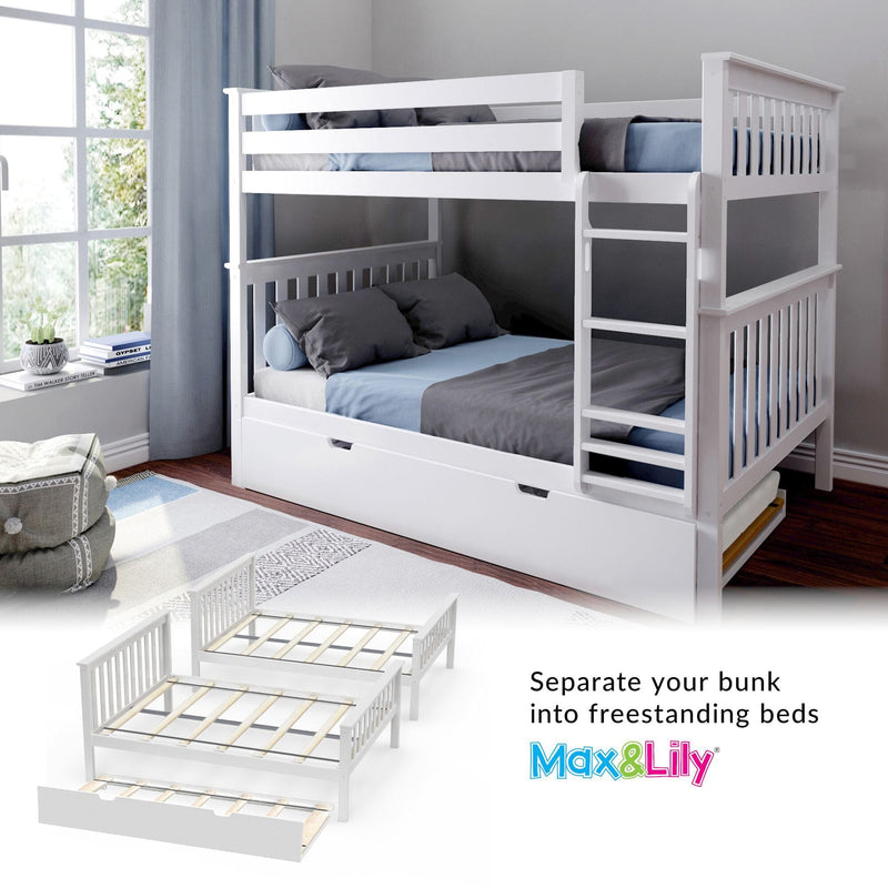 Max & Lily white wooden twin-over-full convertible bunk bed with ladder and under-bed trundle, blue and gray bedding in a bright kids' bedroom