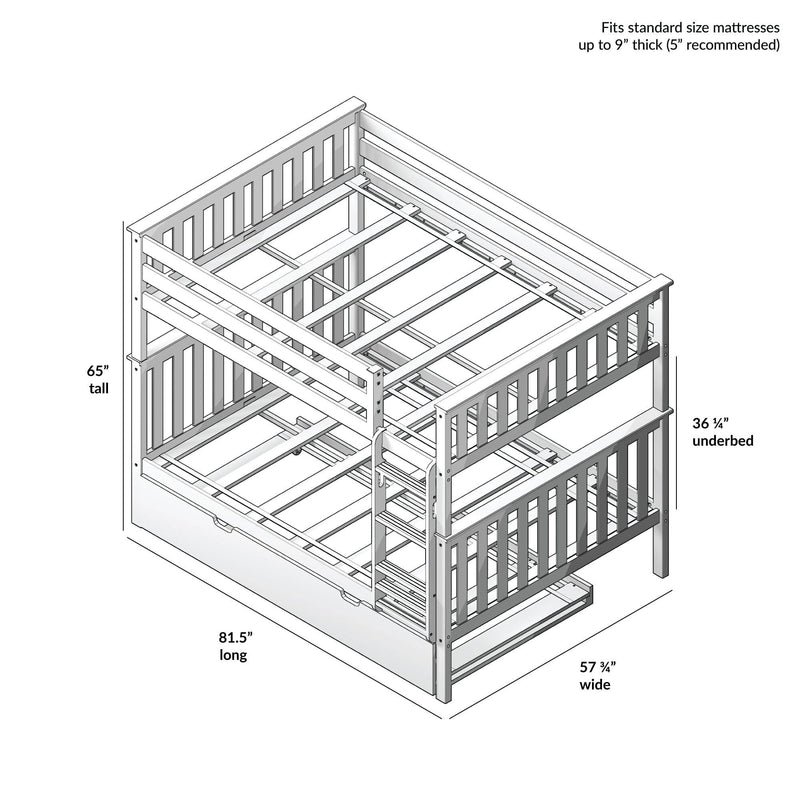 Wooden twin-over-full bunk bed assembly diagram with underbed trundle and ladder, slatted guardrails, fits mattresses up to 9-inch thick — dimensions 81.5" L x 57.75" W x 65" H