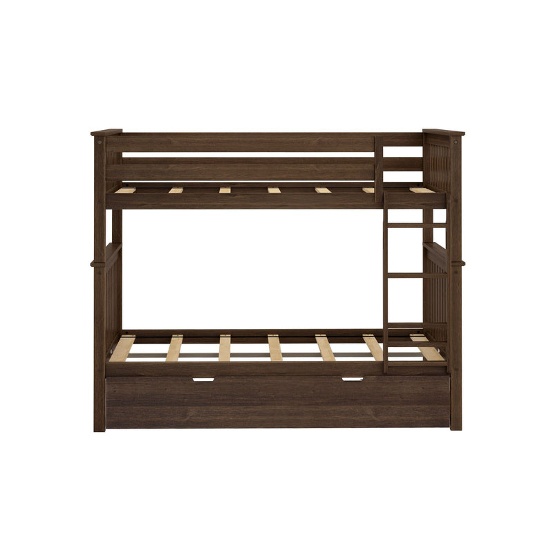 Dark brown wooden bunk bed frame with ladder, slatted mattress supports and under-bed storage drawer, modern rustic kids' bedroom furniture