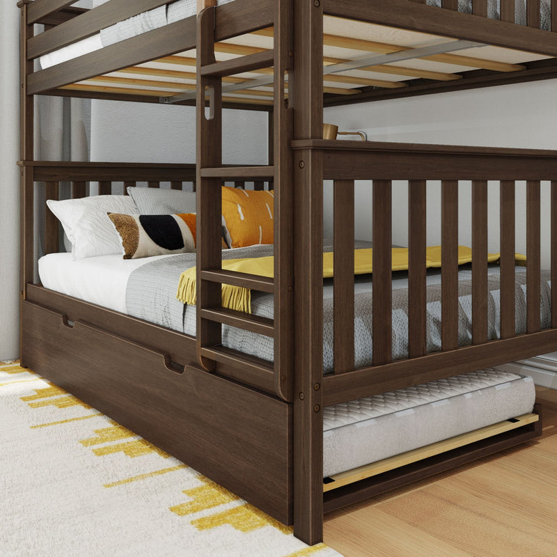 Dark walnut solid wood bunk bed with ladder, under-bed trundle and storage drawer, accented with yellow pillows in a kids' bedroom