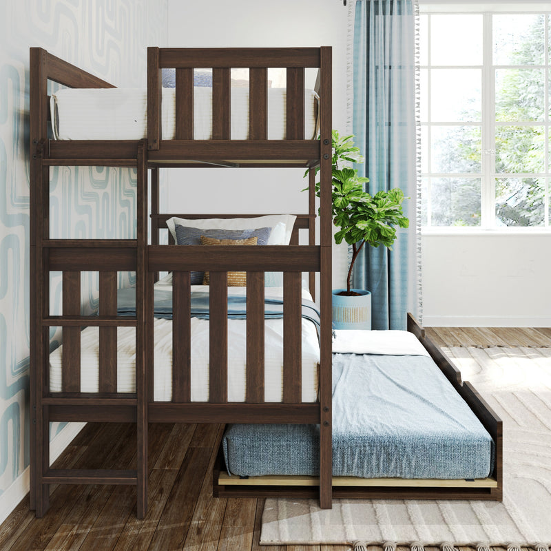 Dark wood bunk bed with pull-out trundle mattress in bright kids' bedroom with blue curtains, patterned wallpaper, throw pillows and potted plant